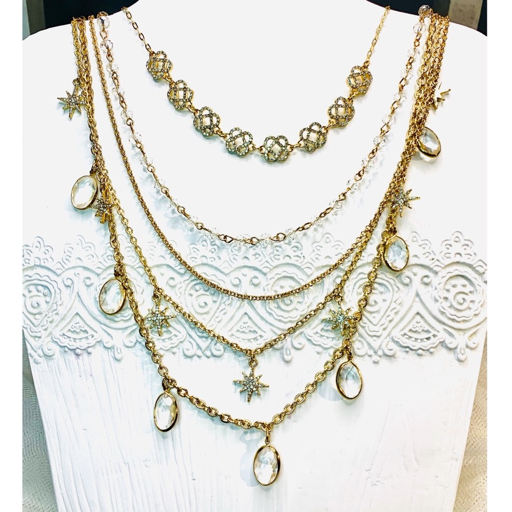 Saks 5th Gold 5 Chain Layered Pave Necklace NWT